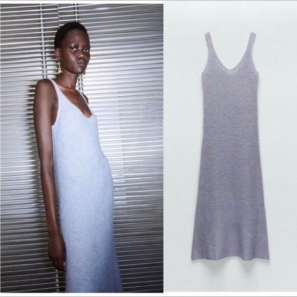 NWT Zara light blue alpaca wool blend beaded straps maxi dress S - Picture 1 of 16